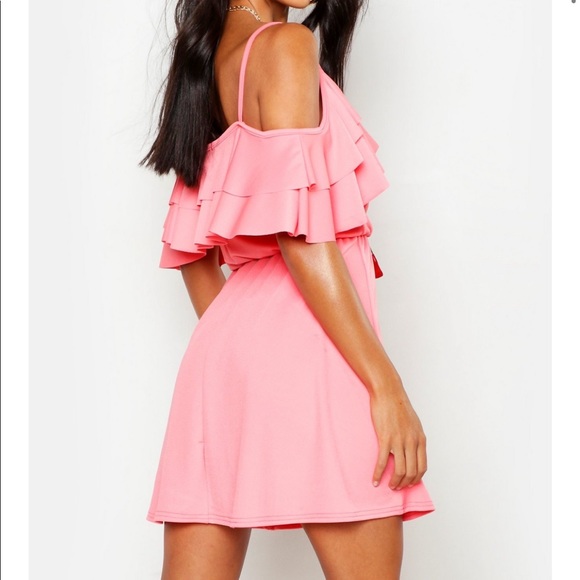 Boohoo Dresses & Skirts - Coral Ruffle Cold Shoulder Skater Dress